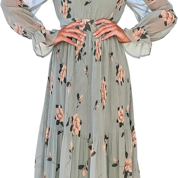 Dresses & Skirts - Women's Floral Chiffon Midi Dress Puff Long Sleeve Mock Neck Summer Wedding Gues